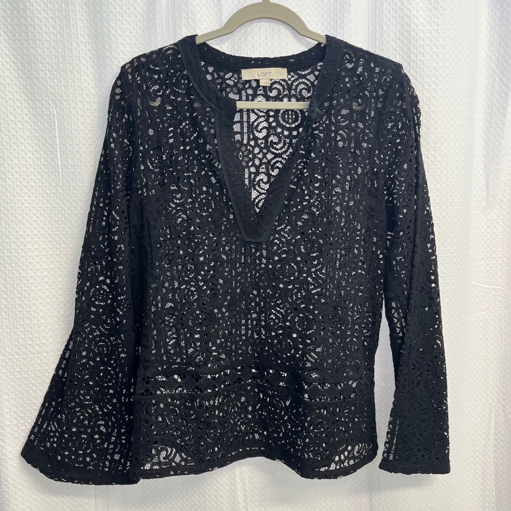 LOFT Black Lace Split Neck Bell Sleeve Blouse Top Small Geometric Floral Boho